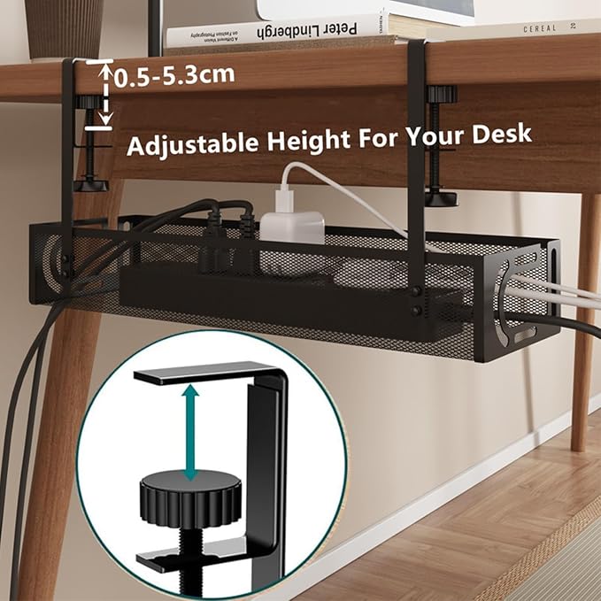 No-Drill Under Desk Cable Management Tray - Tool-Free Installation with Dual Silicone Pads | No Adhesive, No Magnets, No Residue | Heavy-Duty Steel Construction for Wood & Glass Desktops (Black)