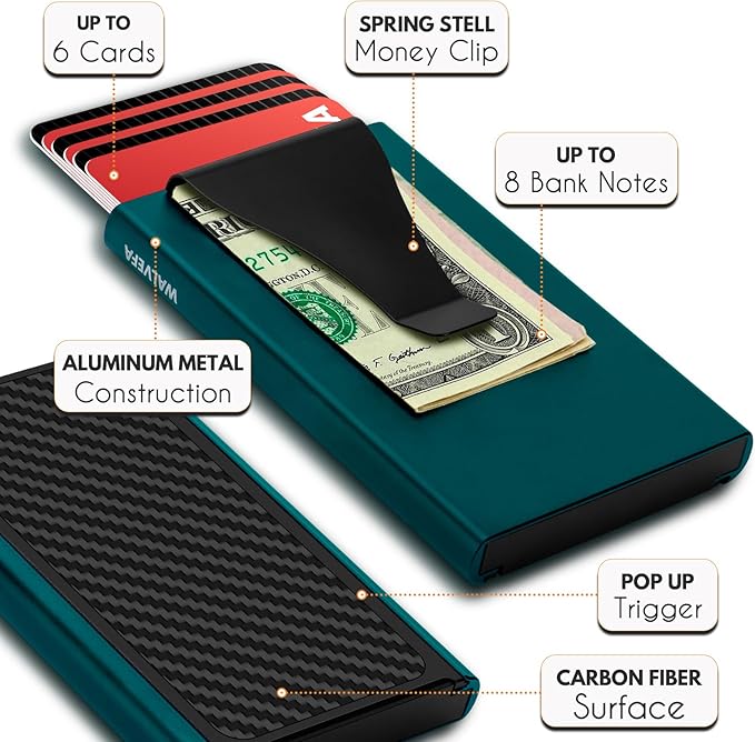 Pop Up Card Holder Wallet,Slim Minimalist Wallet for Men with Money Clip,Aluminum Front Pocket Mens Wallets,RFID Blocking Metal Card Case Stealth Wallet,Holds 6 Cards and Cash(Green)