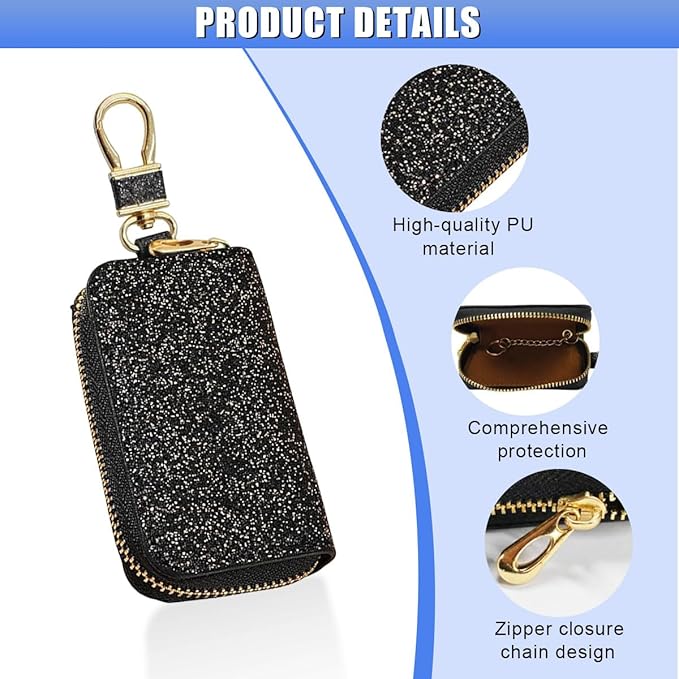 Bling Car Key Case, Leather Keyring Zipper Bag with Metal Hook, Remote Key Fob Cover, Auto Keychain Holder (Black Gold)