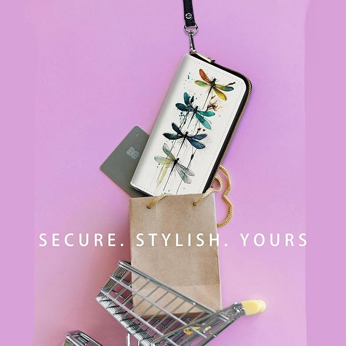 Zip Around Wallets for Women with Detachable Wrist Strap, Large Capacity RFID Blocking Leather Purse Organizer Card Holder Wristlet,Watercolor Dragonfly