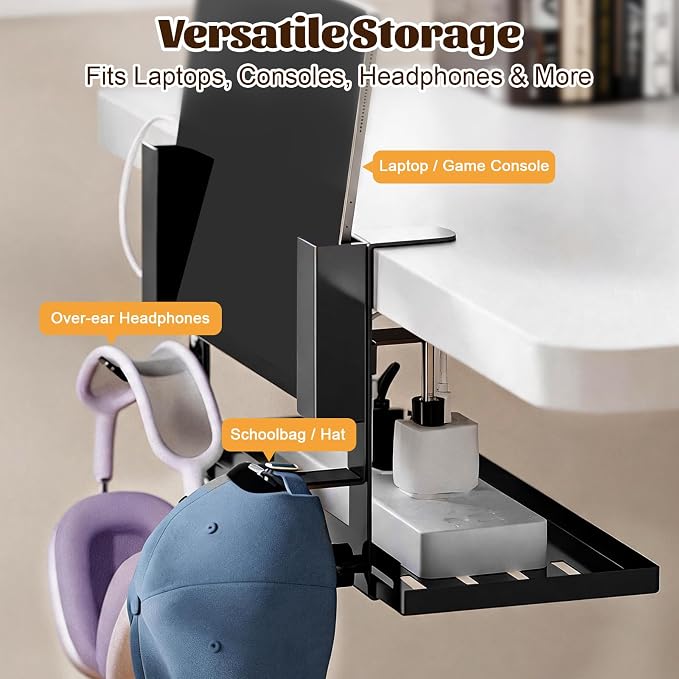 Desk Side Storage Organizer, Under Desk Laptop Mount, Clamp-On Vertical Laptop Holder, No Drill Metal Shelf with Headphone Hook & Power Strip Holder, Black