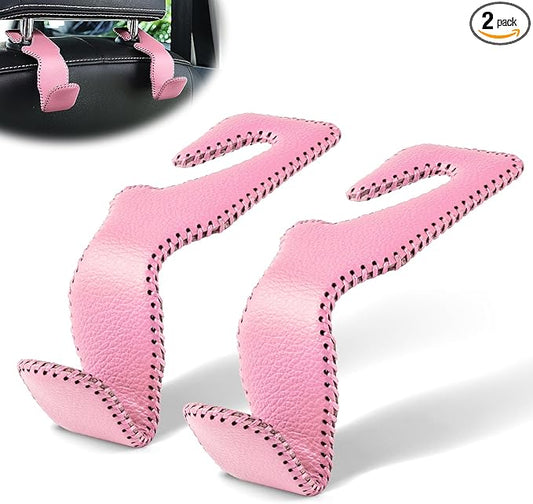 LivTee Headrest Hook for Car, Back Seat Organizer Pink Leather Hanger Holder Hook, Interior Car Accessories for Hanging Purses Bags Coats, 2 Pack