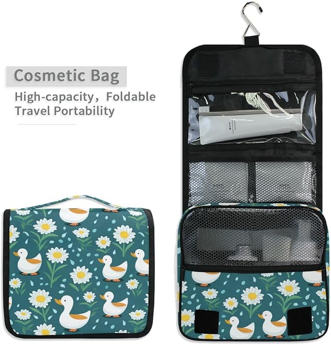 Hanging Travel Toiletry Bag 649 Duck Green Flowers Kit Makeup Case Cosmetics Organizer for Men Women