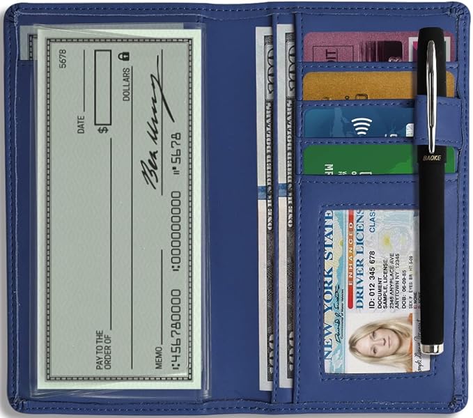 Sanlykate Leather Checkbook Cover for Men and Women, Check Book Case Card Holder with Free Divider, Standard Register Duplicate Checks with pen inserts