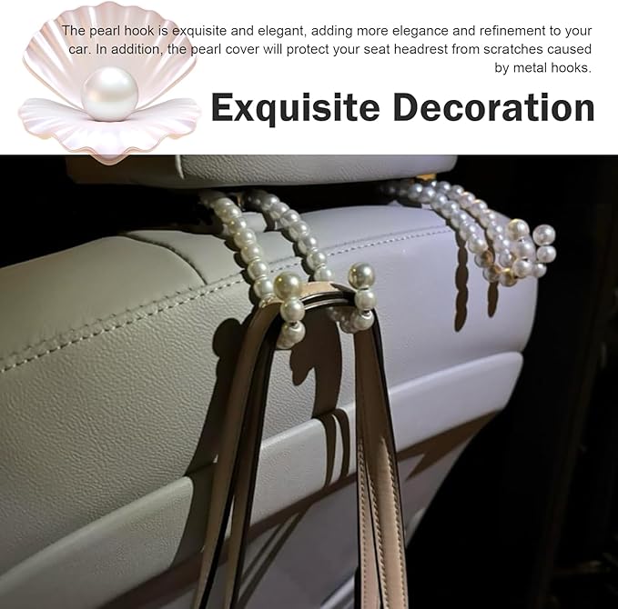 WZP 2PCS Pearl Car Seat Headrest Hook, Cute Car Purse Holder, Car Seat Hook Hanger Storage Organizer for Key Bag Umbrellas Coat, Universal Auto Interior Decor Accessories for Women Girls