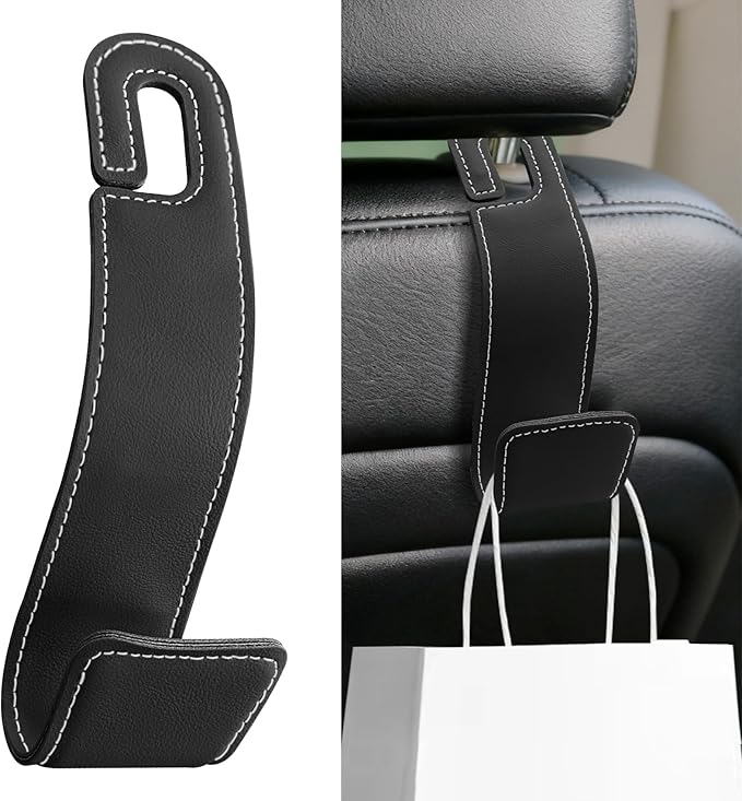Car Seat Headrest Hooks, Purse Hook for Car, Automotive Headrest Handbags Holder, Auto Accessories Leather Seatback Organizer Hanger for Hanging Purses Bags Coats (Black, 1PCS)