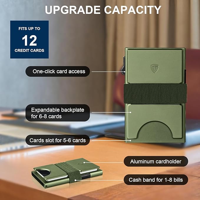TOYFID Metal Wallet with Quick Access to Cards, Aluminum Card Holder Pop Up Wallet for Men, RFID Minimalist Wallet for Men that Can Hold 14+ Credit Cards, Ideal Gift for Men, Army Green