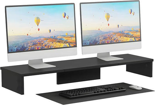 Dual Monitor Stand Riser, Large Computer Monitor Stand for Desk, Monitor Riser for 2 Monitors, Wood Desk Shelf for Top of Desk, Desktop Organizer for Computer, Laptop, Printer, TV