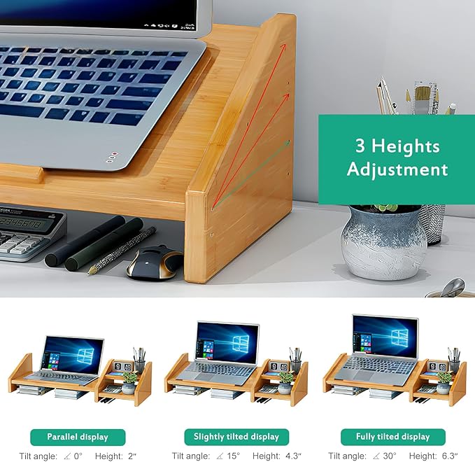Ufine Bamboo Laptop Stand for Desk 3 Heights Adjustable Notebook Stand Computer Monitor Riser with 2 Tier Storage Shelf, Desktop Organizer Printer Stand for Home Office