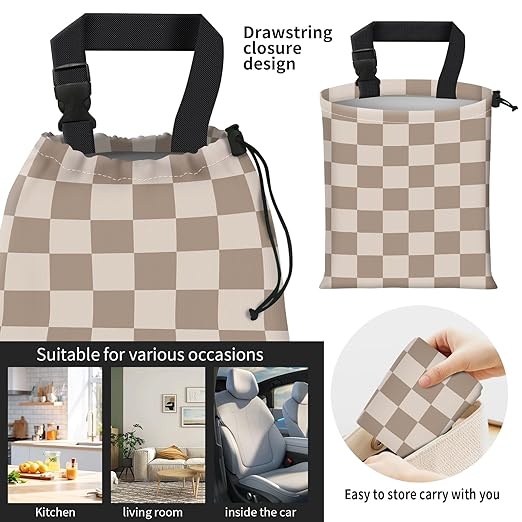Car Trash Bag Large Hanging Can for Back of Seat, Cute Waterproof Car Garbage Bag for Vehicle, Travelling, Outdoor Cute Beige Checkerboard