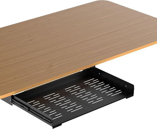Under Desk Laptop Drawer, 22.8'' Wide Pull-Out Tray – Metal Perforated Bottom for Heat Dissipation, Sliding Track, Under-Desktop Storage for Laptop & Accessories