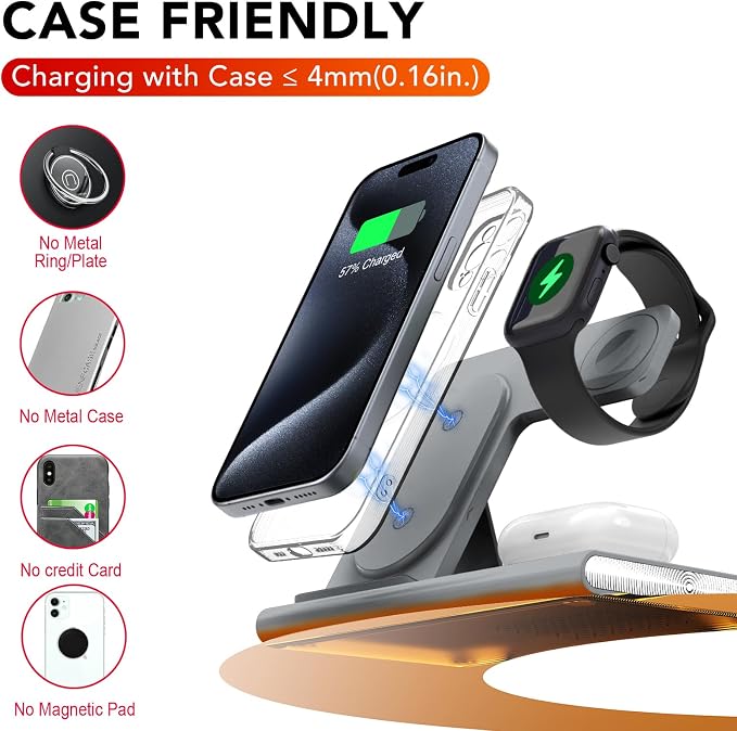 3 in 1 Charging Station for iPhone 17 - Wireless Charger for Apple Products for iPhone 17 16 15 14 13 12 11 Pro Max - Foldable Wireless Charging Station Dock Stand for iWatch Series & AirPods(Gray)