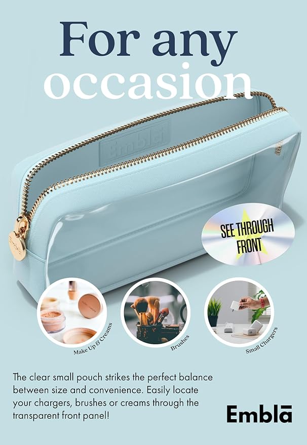 Embla Medium Clear Makeup Bag Travel for Toiletries Cute Make Up Nylon Organizer Pouches Quart Size Cosmetic Bags for Women Girls Zipper Toiletry Skincare Pouch Organizer for Purse Blue