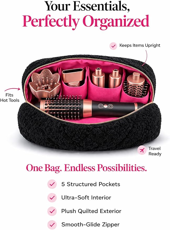 Plush Sherpa Hair Tool & Makeup Travel Bag for Skincare & Beauty Accessories (Black)