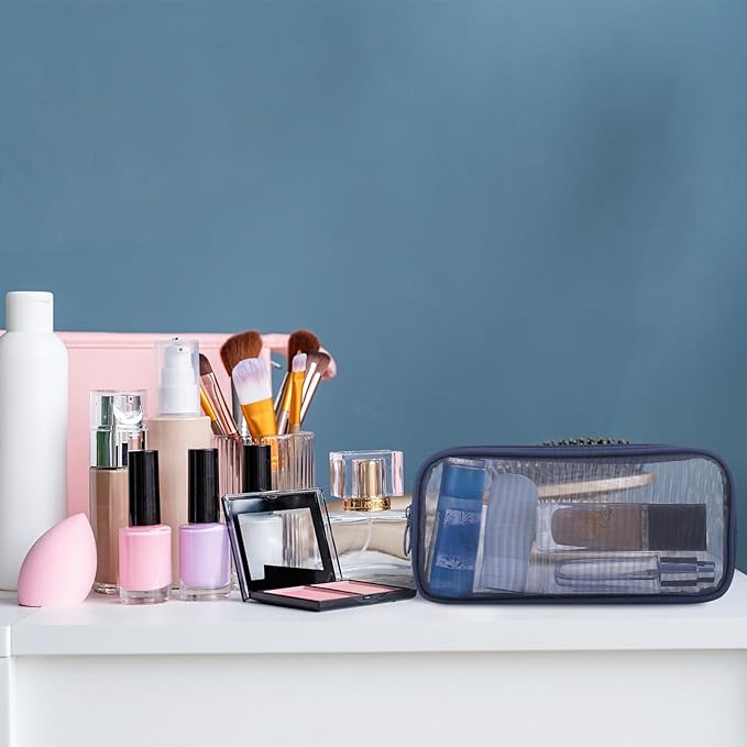 Weewooday 4 Pcs Mesh Makeup Bag Mesh Cosmetic Bag Toiletry Pouch with Zipper Mini Makeup Cosmetic Purse for Daily Accessory (Medium,Navy Blue)