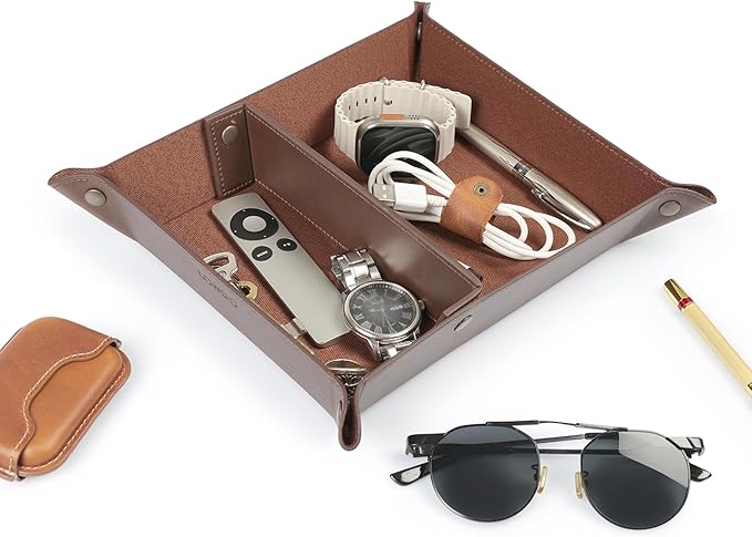 Londo Leather Tray Organizer - Practical Lightweight Water Resistant Computer Table Desk Storage Box for Wallets, Watches, Keys, Coins, Cell Phones and Office Equipment