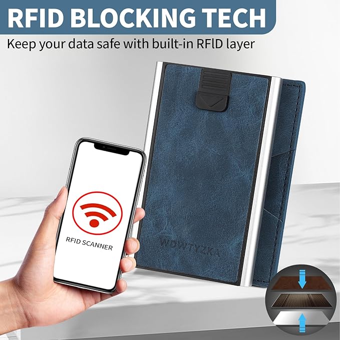 Mens slim Wallet，with RFID Shielding, Holds 9 Cards Easily, card wallet for Men, Minimalist Wallet For Men, Made of aluminum and Pu Synthetic Leather, Includes Cash clip (Blue)