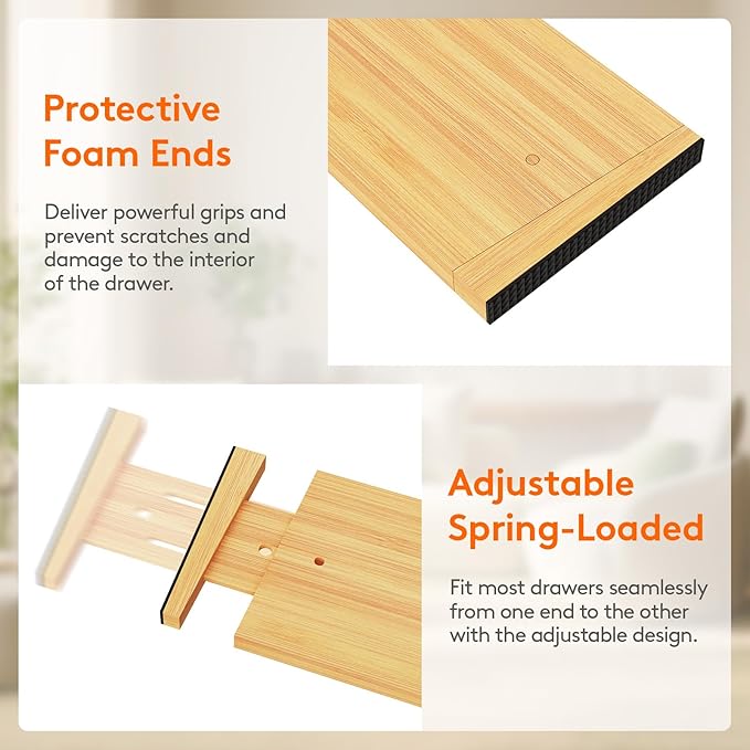 Lifewit 5" High 6 Pack Bamboo Drawer Dividers 45-55cm/17.5-22" Adjustable Wooden Drawer Organizer for Clothes/Utensils, Expandable Drawer Separator for Dresser/Kitchen/Bedroom/Office Organization