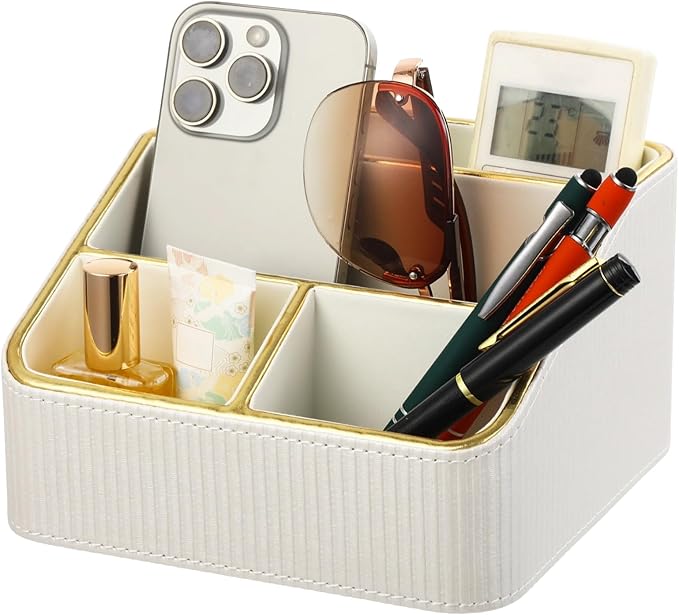 OMISTAR 4 Compartments Remote Control Holder, PU Leather Nightstand Organizer, Tiered Bedside Caddy, Desktop Storage Container for Stationery Office Supplies, Stylish Vanity Tray for Makeup