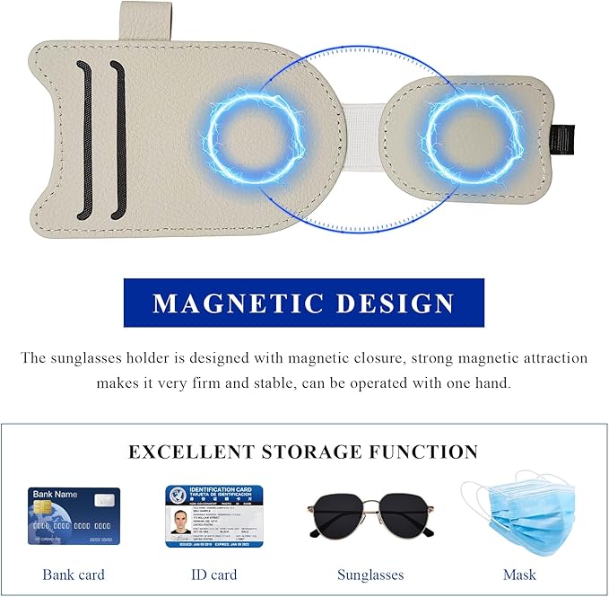 Sunglasses Holder for Car Visor, Magnetic Auto Sun Visor Organizer with Ticket & Pen Clip, Multi-Pocket Leather Eyeglass Clip Interior Accessories for Most Vehicles (Beige)