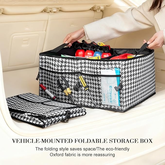 Car Trunk Organizer, Collapsible Multi-Compartment Large Capacity Vehicle Storage Container, Foldable Adjustable Automotive Interior Organization Box, Universal Fit (Houndstooth)