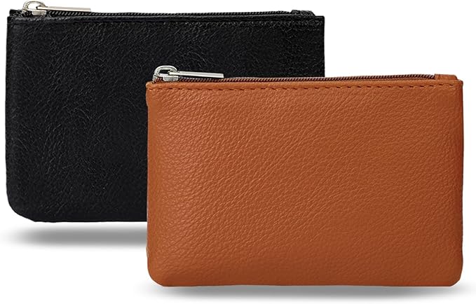 KALIONE 2 Pack Coin Purse, Portable PU Leather Coin Purse with Zipper Coin Purse Mini Change Purse Small Coin Purse for Women Credit Card Folded Bills ID Key(Black&Light Brown)