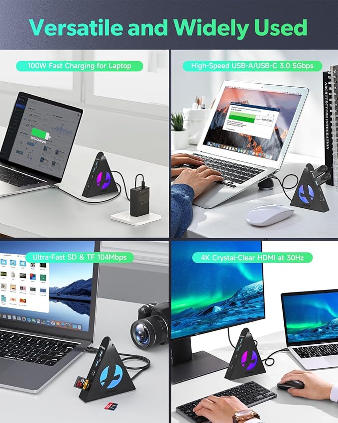 USB C Hub, 8-in-1 Type C Hub with 4K HDMI, 100W Power Delivery, 5Gbps USB-C, 3xUSB-A 3.0, SD/TF Card Reader, RGB Lighting, Dock for MacBook Air/Pro, iPad, iPhone17, Surface, XPS, etc.