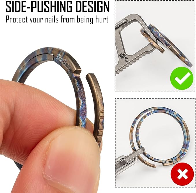 KeyUnity Titanium Flat Key Rings, 33/25/17.5mm Side Pushing Split Ring for Key Carabiner Flashlight Knife Dog ID Collar Tag