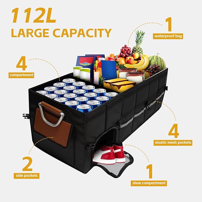 Car Trunk Organizer with Lid and 30L Removable Leakproof Cooler Bag, Compartment for 1 Pair of Shoes, Golf Trunk Organizer for SUV, 1680D Oxford,35.4”×13.7”×11.8”(112L)
