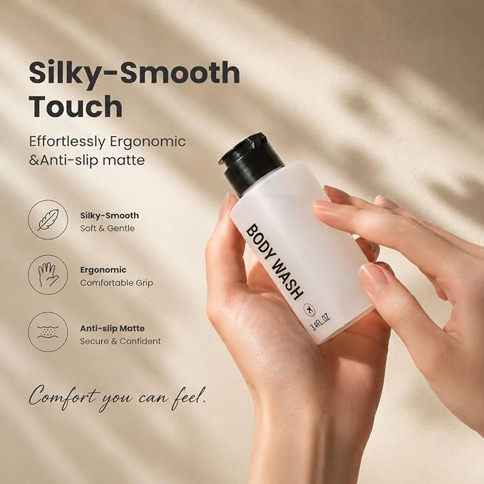 14PCS 3.4oz Travel Bottles for Toiletries Pre-Printed Shampoo, Conditioner, Body Wash, Wide Mouth Containers TSA Approved 2oz Travel Spray Bottle Leak Proof Plastic Cream Jars(Black&White)