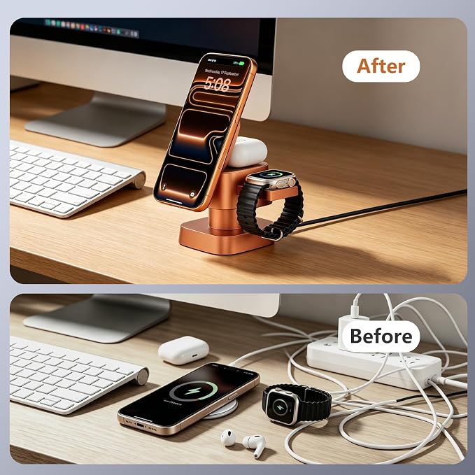 4 in 1 Charging Station for Apple Devices, 3 in 1 Wireless Charger Stand with Night Light for iPhone 17/16/15/14/13/12 Pro Max, Watch AirPods, 15W MagSafe Magnetic Charging for Bedroom Office (Orange)