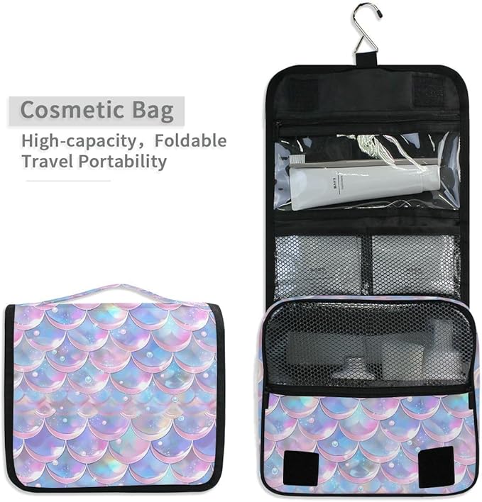 senya Hanging Travel Toiletry Bag Cute Kit Makeup Case Cosmetics Organizer for Men Women (Pale Pink Purple Blue Mermaid Scales)