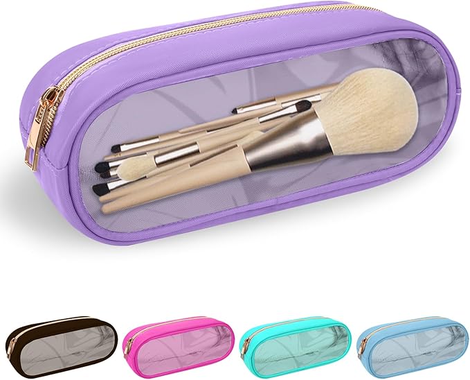 Nylon Small Clear Makeup Bag Slim Pencil Pouch, Cute Makeup Bag Preppy Cosmetic Zipper Pouch Pencil Case for Purse, Travel PVC Toiletry Bag Clutch Coin Pouch Makeup Organizer for Women Girls(Purple)