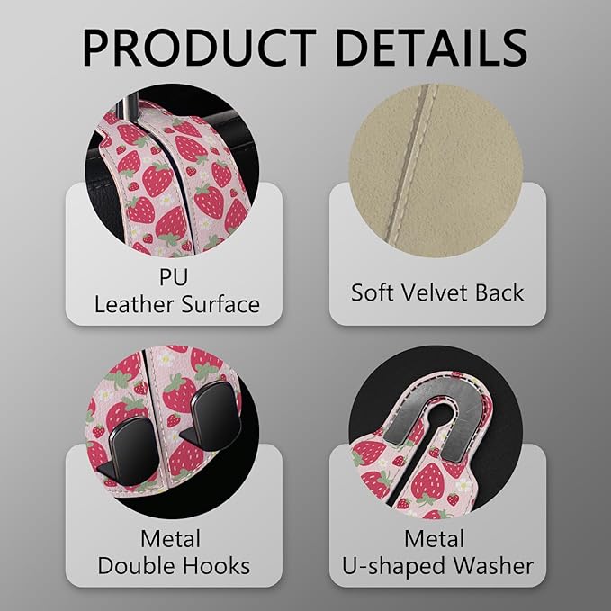 Blusabaca 2PCS Car Seat Back Storage Headrest Hooks, Cute Strawberry Purse Holder Bags Hanger, PU Leather Double Metal Hook for Backseat Organizer, Women Car Accessories Organization