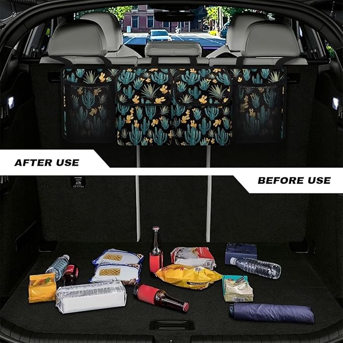 Cactus Car Trunk Organizers,Backseat Hanging Organizer with 4 Large Storage Bag,Waterproof Car Organizer with Lids,Road Trip Adjustable Strap Large Capacity Bag for Car SUV