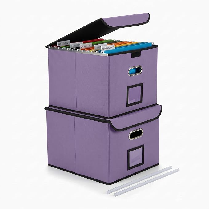File Organizer Box with Lid, Large Hanging File Folder Organizer with Plastic Slide, Collapsible Portable Filing Storage Boxes for Office/Decor/Home (Light Purple, 14.9 x 12.59 x 10.8 inch, 2-Pack)