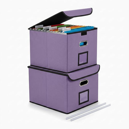 File Organizer Box with Lid, Large Hanging File Folder Organizer with Plastic Slide, Collapsible Portable Filing Storage Boxes for Office/Decor/Home (Light Purple, 14.9 x 12.59 x 10.8 inch, 2-Pack)