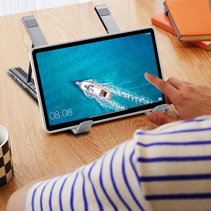 Ergonomic Notebook Dock ??Laptop Stand Workstation | Multiport usb c Adapter 8 in 1 Hub with Fast Charge, Adjustable Height Tablet Holder, Desktop Organizer for Remote Office, Home Study, gameng Setup