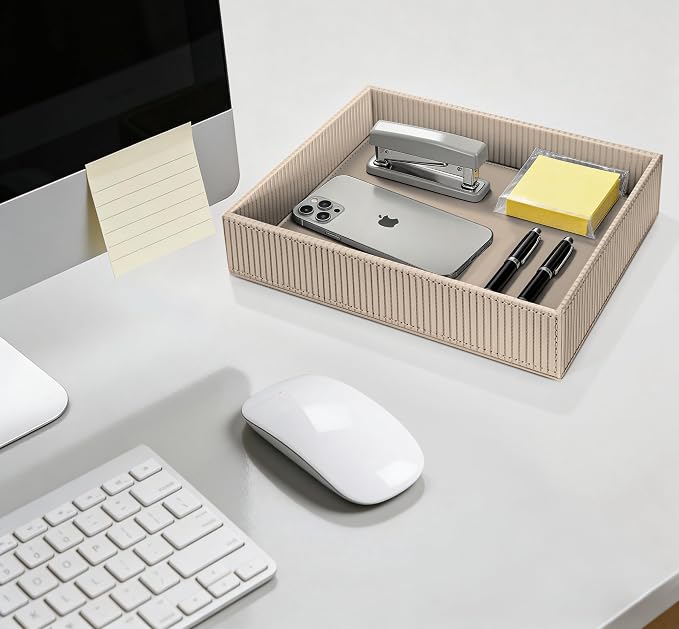 SITHON Valet Tray Desk Organizer, PU Leather Catchall Bedside Vanity Tray Nightstand Caddy Coin Box Key Jewelry Storage Organizer, Graduation Day Father's Gift, Stripe Latte