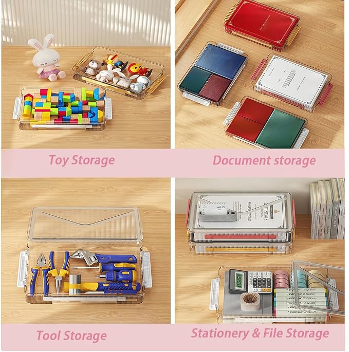 2 Pack Clear Plastic File Boxes w/Latching Lids, Stackable A4 Storage (‎White Latches, Small)