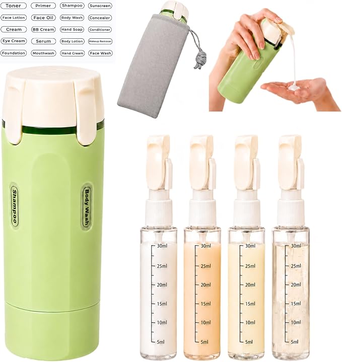 4 in 1 Travel Dispenser, Leak-Proof Travel Bottles with Storage Bag, 4 Refillable 30ml (1oz) Travel Containers for Toiletries, Portable Green Set for Shampoo, Body Wash, Lotion