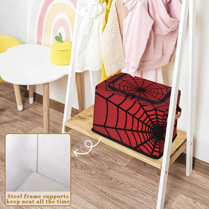 Red Web Storage Bins With Zipper Lid, Collapsible Trunk Organizer, Car Organizers and Storage Bins with Lids, Decorative Storage Boxes with Handle, Home Storage Baskets For Organizing