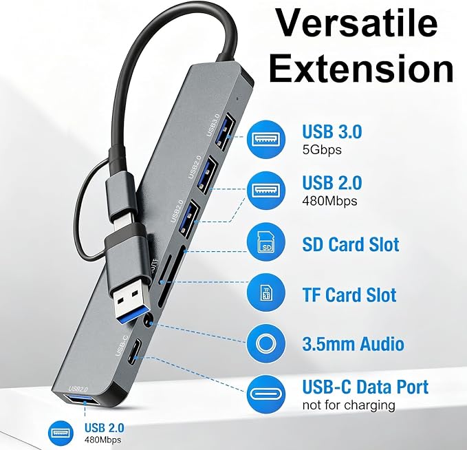 USB C Hub USB Hub 3.0, Upgrade 8 in 2 USB Splitter with USB-C/4 USB A Port Extender, TF/SD Card Reader, 3.5mm Audio Adapter, USBC USB Dongle for PC/Laptop/Tablet/Mac/MacBook/iPad and More Devices