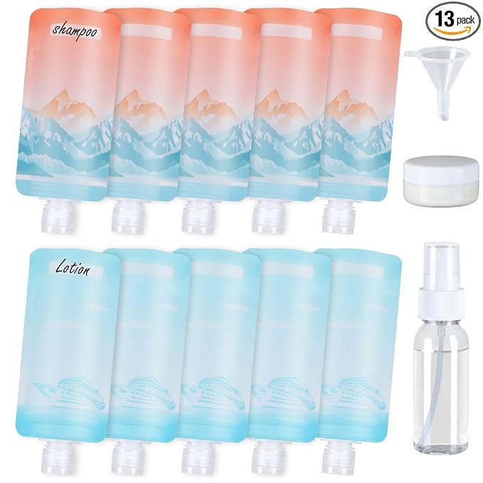PACKISM 13 Pack Travel Pouches for Toiletries, 3 oz TSA Approved Liquid Containers, Leak Proof Squeeze Bags for Cruise & Camping, Space Saving Refillable Carriers, Brilliant Mountain Cruise Ship