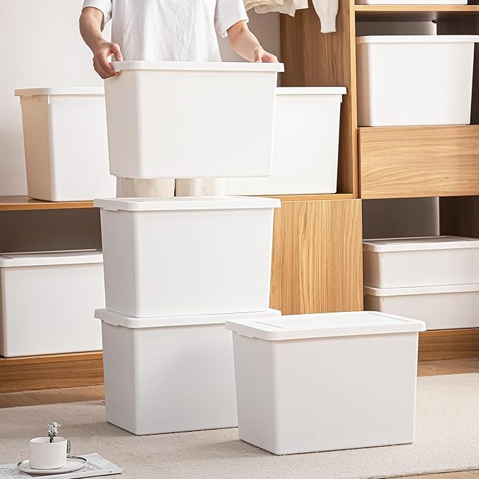 YUNGSHY 4 Pack 27 Quart White Large Stackable Storage Bins With Lids,Bathroom Closet Undersink Organizers and Storage Containers and Durable Nestable Closet, Garage, Totes (white, 27Qt.-4Pack)