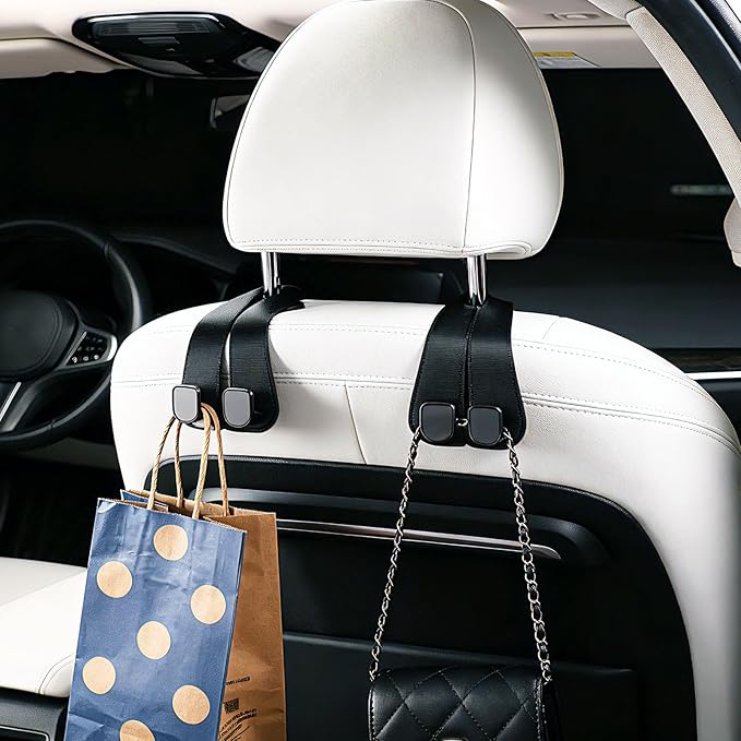 2 Pack KAFANLIN Car Headrest Hooks for Purses and Bags Cute Leather Car Seat Back Head Rest Double Hooks for Bags Cute Pink Beige Car Accessories Headrest Back Seat Handbags Hook (Black 2 Pack)