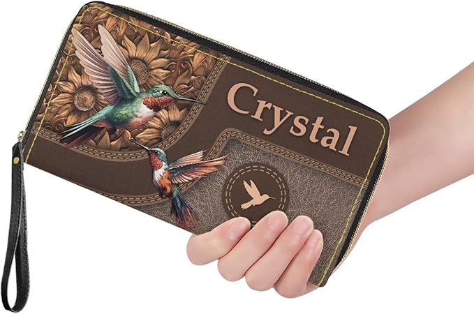 Bulopur Custom Name Wallet for Women Hummingbird Zip Around Wristlet Purses PU Leather Waterproof Minimalist Wallet Long Handbags Coin Cash Holder for Travel Shopping Work