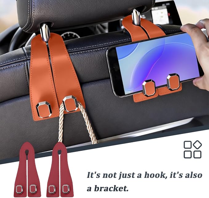 2PCS Car Headrest Hooks, Nappa Leather Metal Vehicle Double Seat Back Storage Hook for Purse Bag Coat, Multifunctional Automotive Interior Hanging Hanger, Universal Fit (Wine Red)