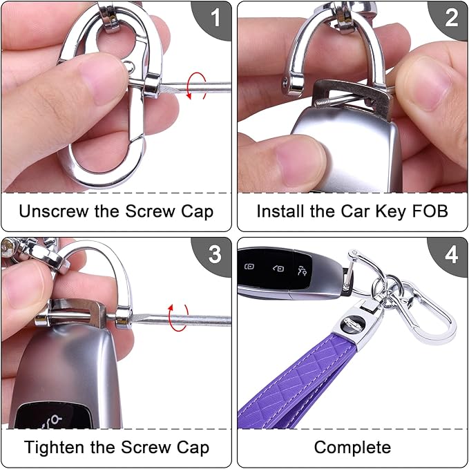 Wisdompro Microfiber Leather Car Keychain, Universal Key Fob Keychain Leather Key Chain Holder with 3 Keyrings and 1 Screwdriver for Men and Women - Purple
