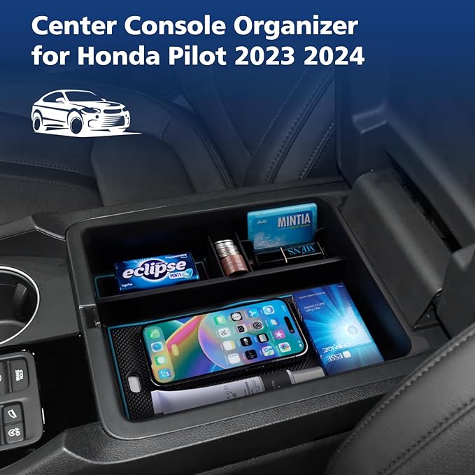 FIILINES Center Console Organizer for Honda Pilot 2023-2025/Ridgeline 2024-2025/Passport 2024-2026, Center Console Tray Secondary Armrest Storage Box ABS Insert Container with Anti-Slip Mats